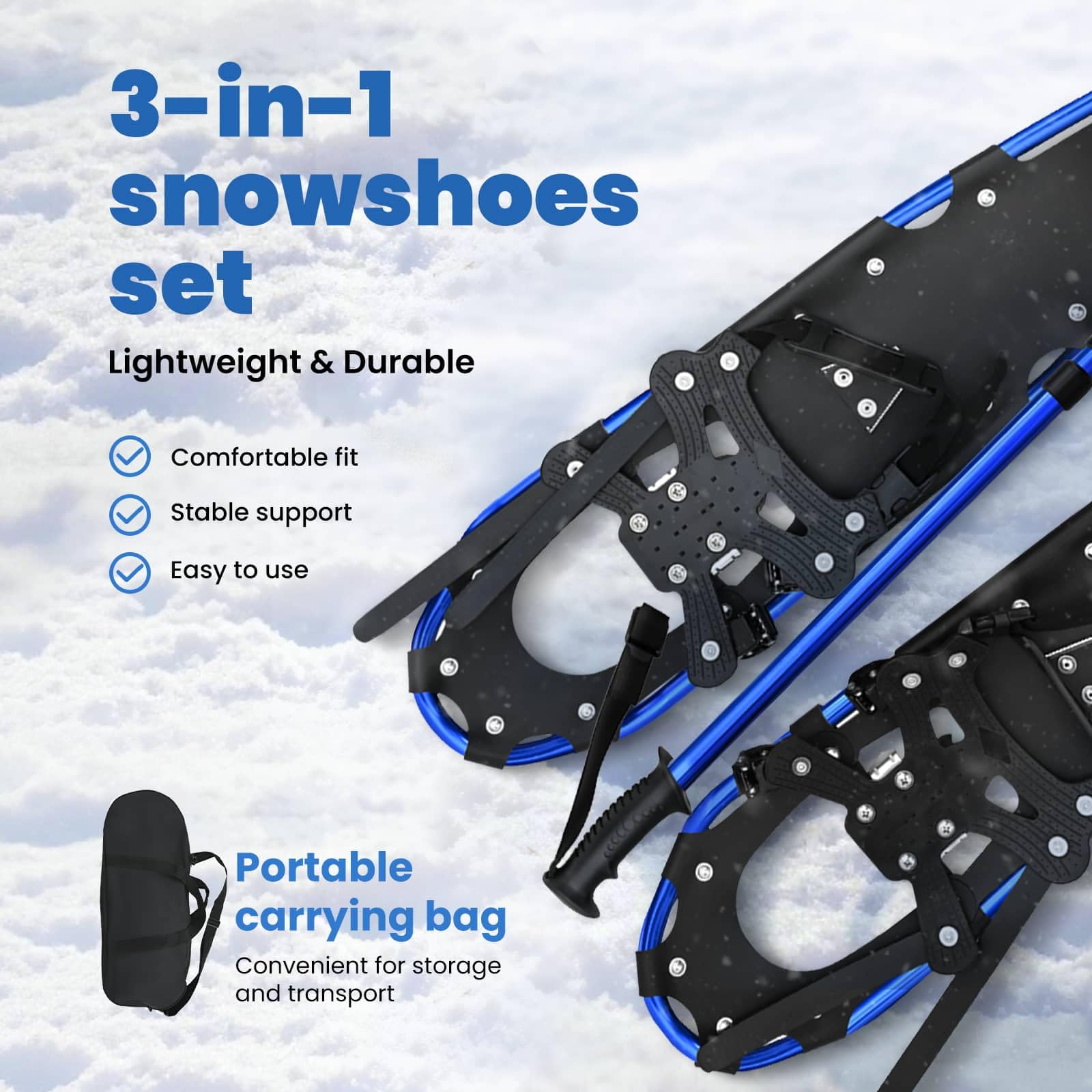 vidaXL Racchette da Neve 3 in 1 con bastoni da Trekking Blu e Nero, Ciaspole in Alluminio per Il Giardino, Attrezzatura Outdoor Regolabile, Accessori Moderni per Camminare sulla Neve