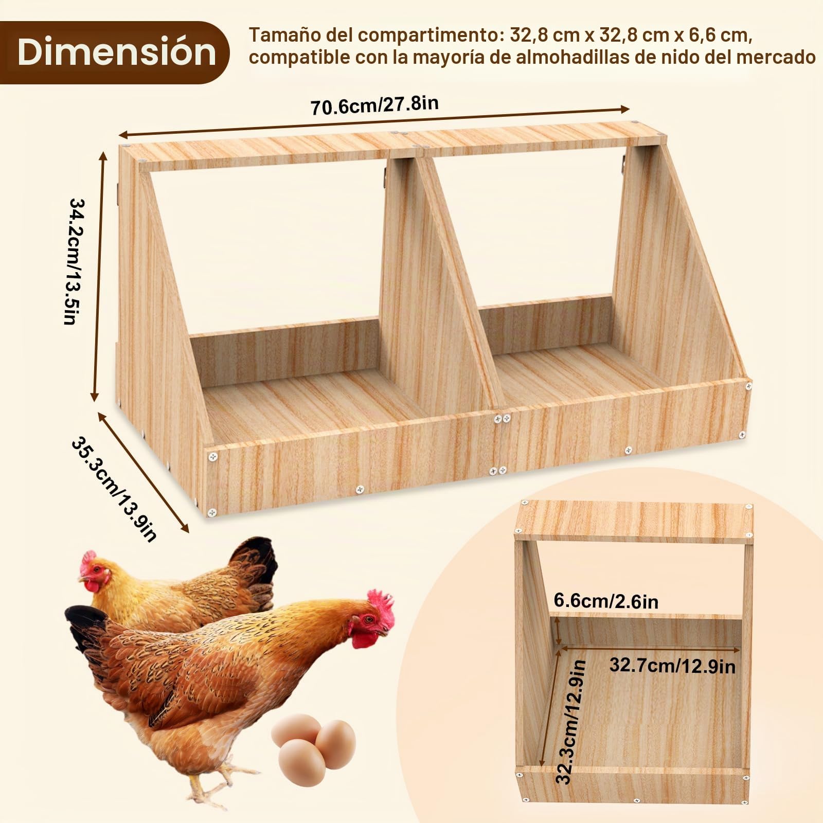 Ponederos para Gallinas, Juego de 2 Cajas para Gallinero de Madera para Poner Huevos, Nidos de Pollo para Gallinas y Patos, 35,3 x 35,3 x 34,2 cm
