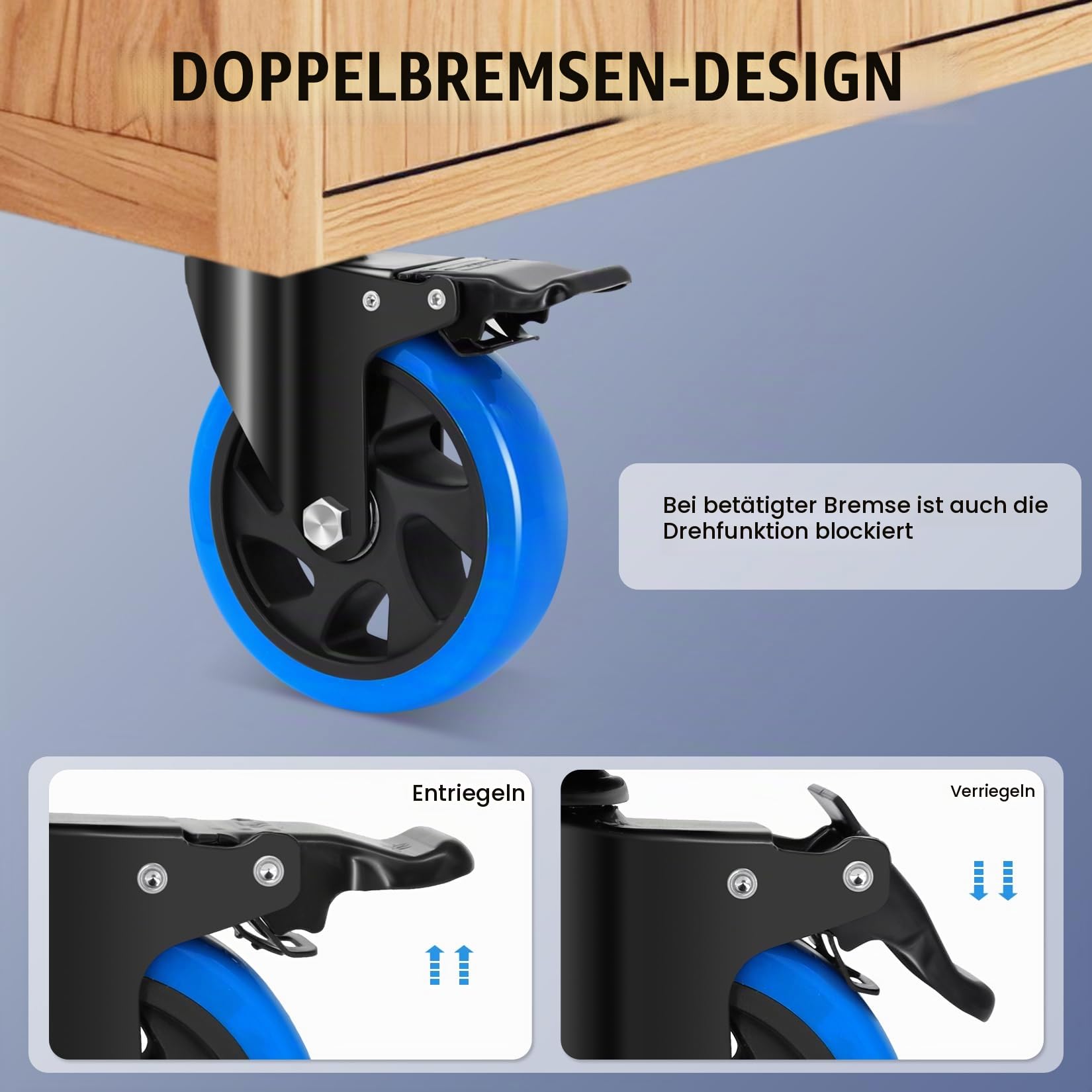 125mm Möbelrollen mit Bremse, M10 x 1,5x 30mm (Schaftdurchmesser 9.5mm, Schaftlänge 30mm), Rollen für Möbel Tragfähigkeit 800KG, Schwerlastrollen Lenkrollen für Möbel, Transport, Gasgrill