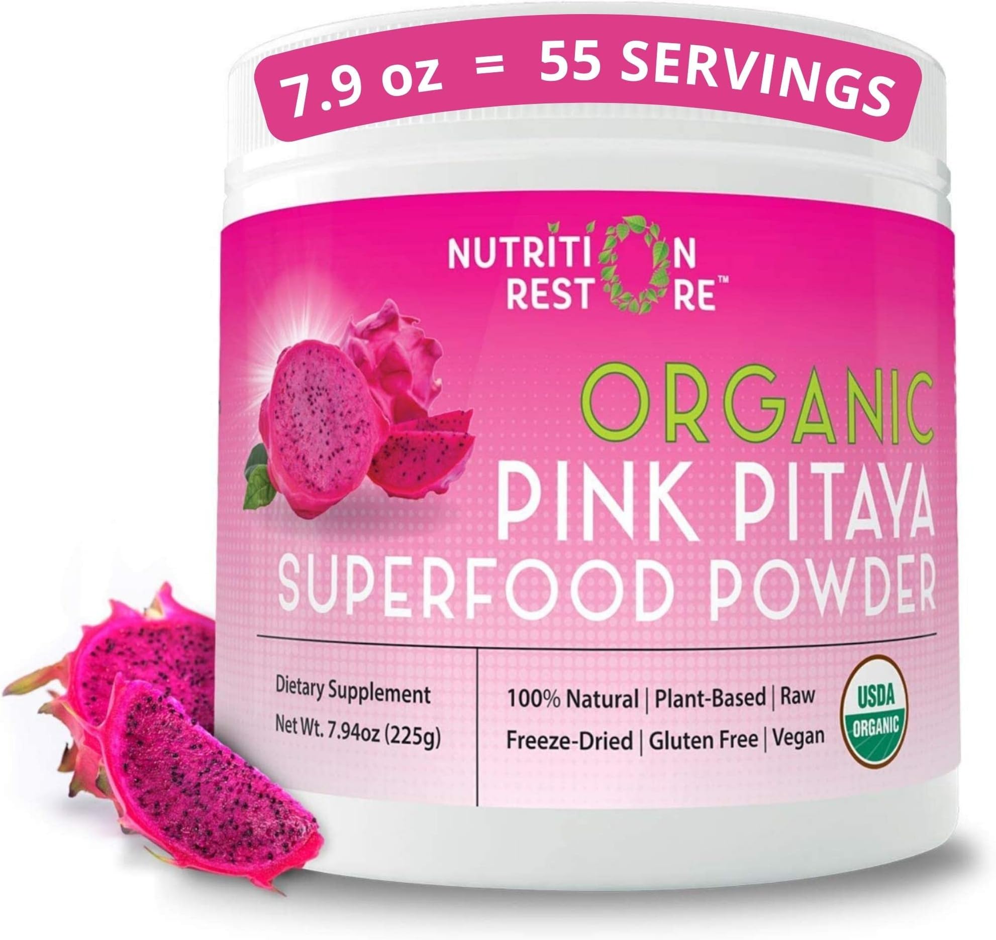 USDA-Certified Organic Freeze Dried Dragon Fruit Powder (Pink Pitaya Powder) - 7.9 Ounces - 55 servings - Nutrient-Dense, Exotic Superfood & Antioxidant - Vegan & Gluten-Free - Plant Based