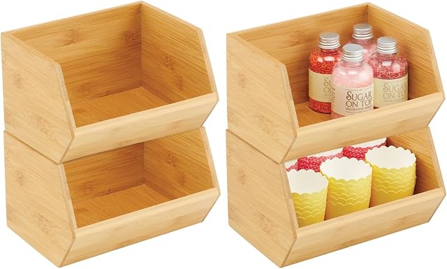mDesign Stackable Storage Boxes  Multi-Purpose Wooden Storage Boxes for Kitchen Cupboard, Shelf and Surfaces  Open-Top Kitchen Storage Unit Made of Bamboo  Set of 4  Natural