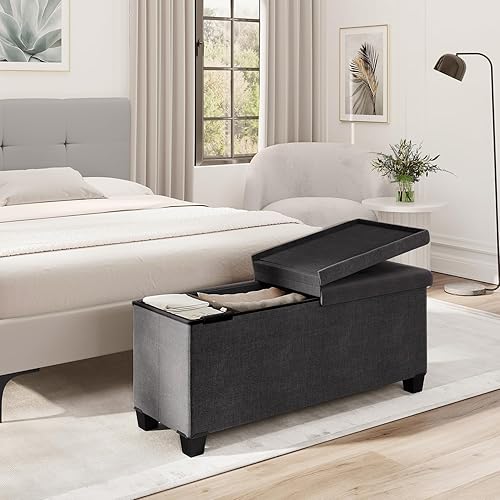 Miniatura 2 de STORAGEBUD Banco otomano con contenedores de almacenamiento, 43 pulgadas para el extremo de la cama, reposapiés grande, otomana gris con
