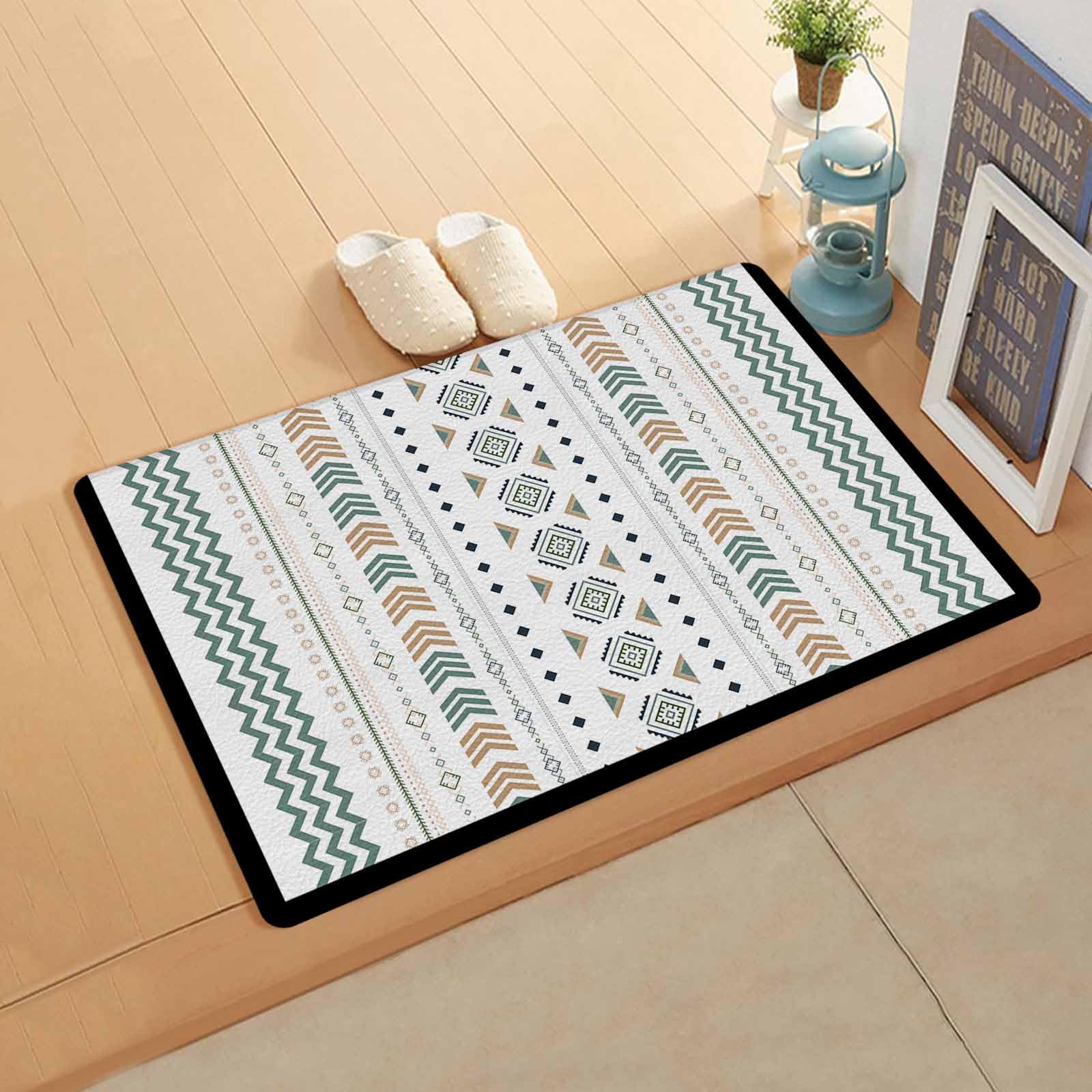 Green Boho Antifatigue Kitchen Bath Door Mat Cushioned Runner Rug,Washable Welcome Floor Sink Mat,Waterproof & Non-Slip Standing Doormat for Kitchen,Geometric Stripes Floral Minimalist Brown 18