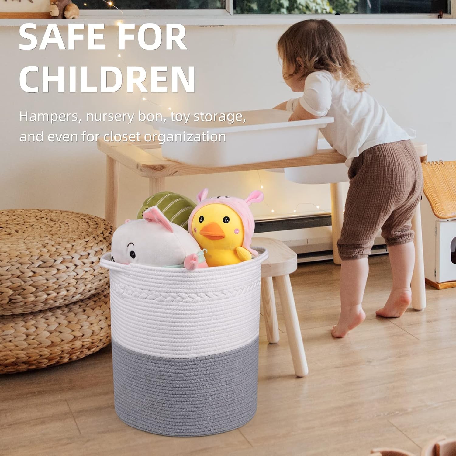 Cotton Rope Laundry Basket, Braided Cotton Rope Storage Basket Bin With Handles, Large Basket,Soft Durable Laundry Baskets Nursery Hampers Organizer for Kids, Toys Home Decor Blanket Basket