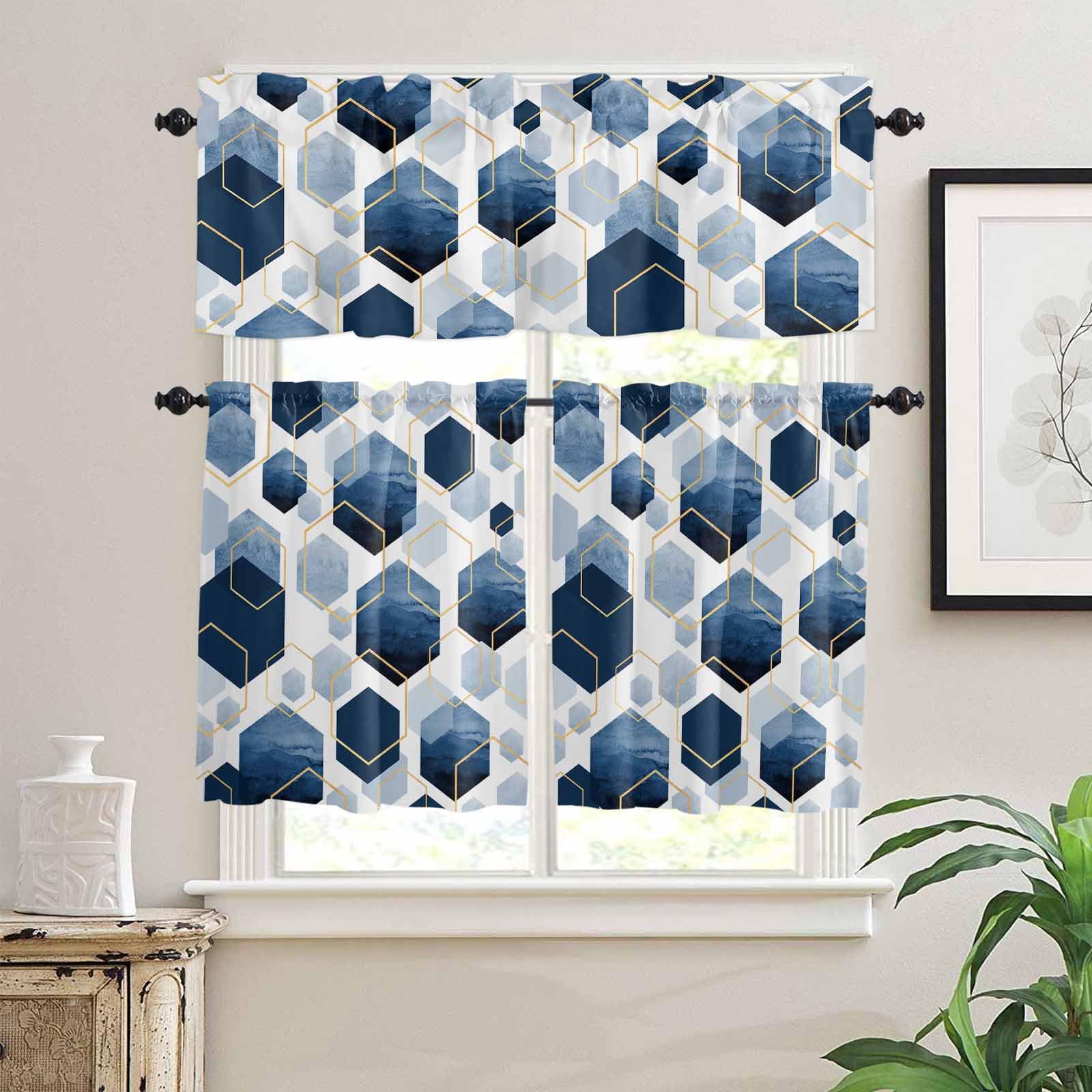 Navy Blue Marble Kitchen Curtains 36 Inch Length, 3 Piece Rod Pocket Small Half Tiers and Valance Set, Gold White Geometric Hexagon Modern Small Large Window Treatment Decor for Bedroom/Bathroom Sink