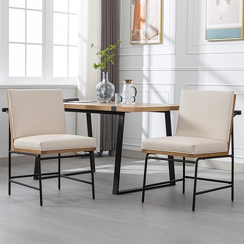 Juego de 2 sillas de comedor modernas, cómodas sillas laterales de piel sintética sin brazos con respaldo tapizado de madera, patas de metal negro