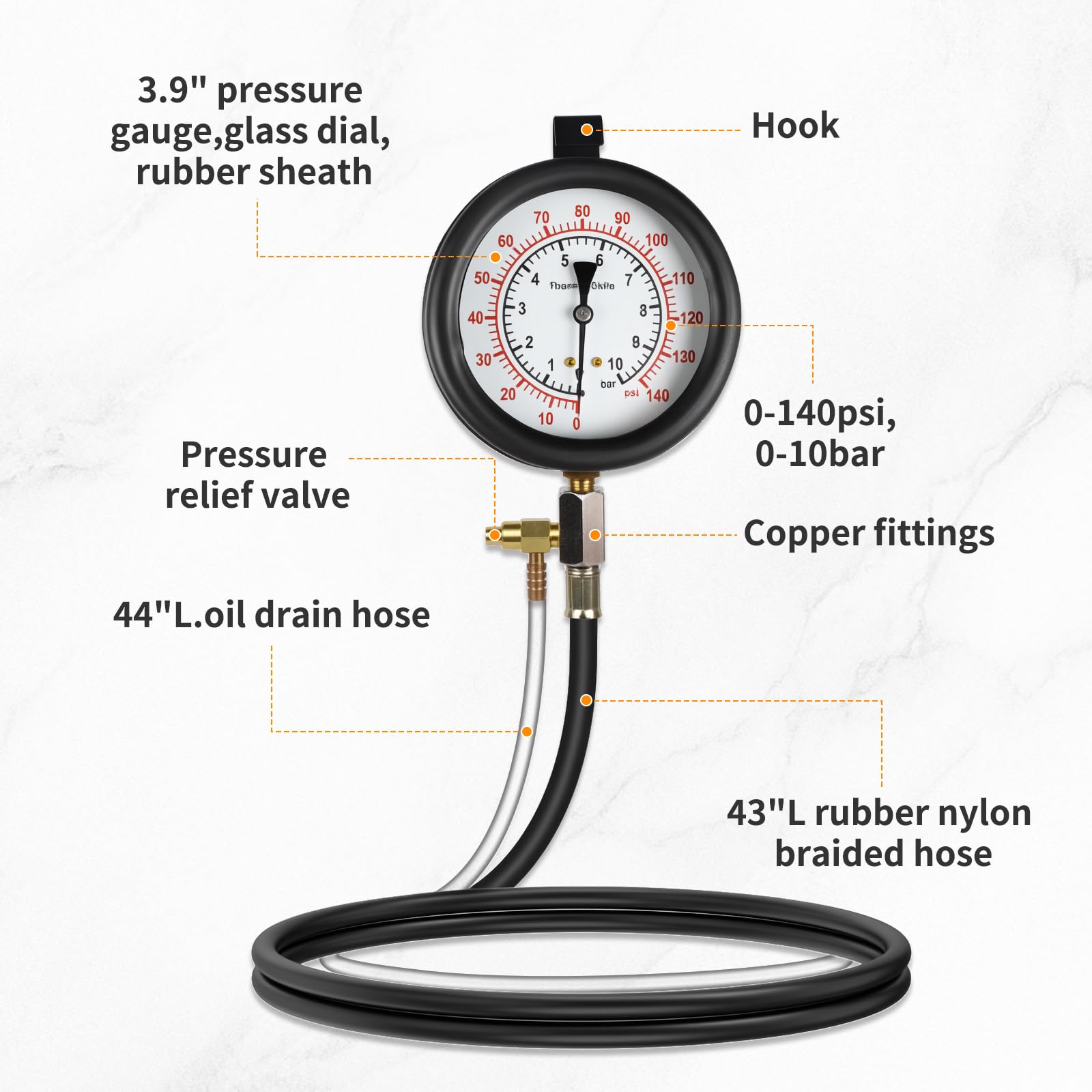 BELEY TU-443 Kit Tester Pressione di Iniezione Carburante con Adattatore e Manometro 0-140 PSI / 0-10 Bar