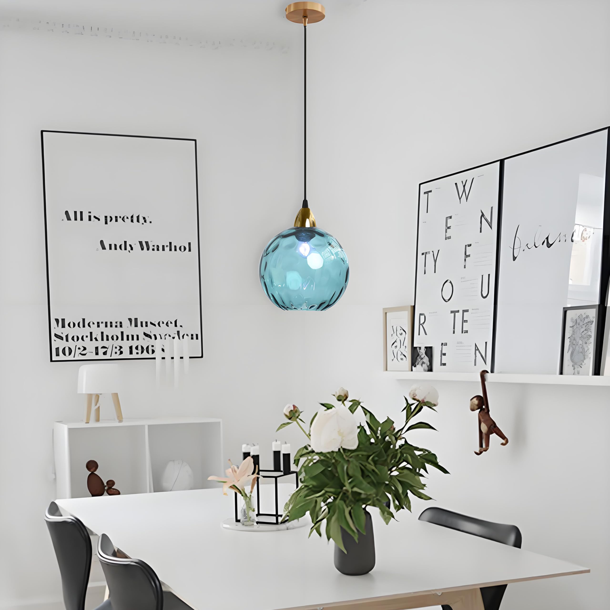20cm Lampada a Sospensione Sferica in Vetro Industriale D'epoca, Lampadario da Soffitto E27, Finitura Oro e Paralume in Vetro Ondulato, Plafoniera Per Sala da Pranzo (Blu azzurro, 20cm)
