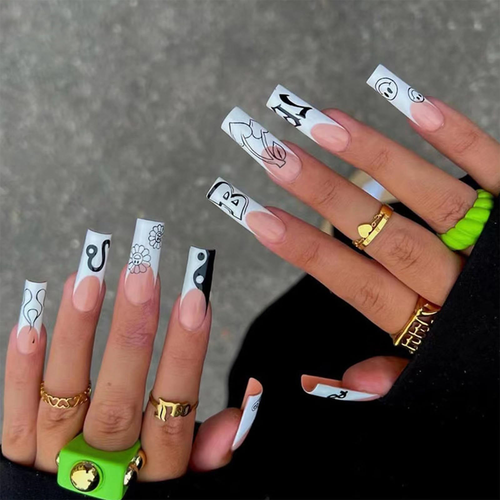 French Almond Fake Nails,Cute Acrylic Nails,Fake Nails with Pentagram,Nude Ladies Artificial Nails 24 pcs: Black and White Collocation