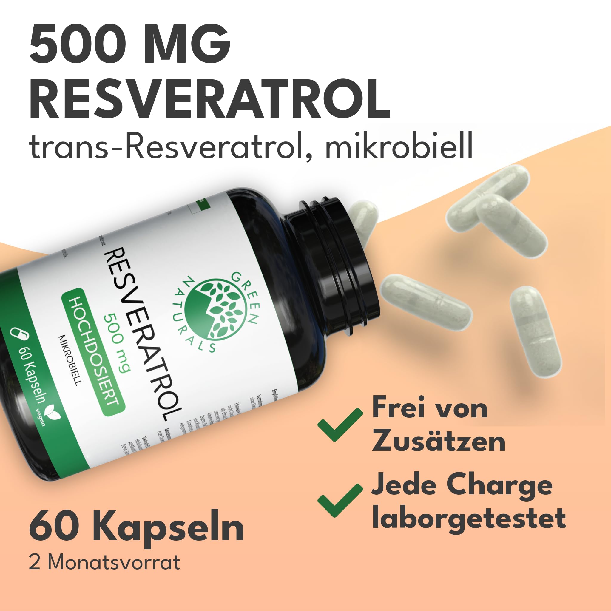 Green Naturals® Trans-Resveratrol 500mg – 60 Kapseln | Reinheit: >98% · 2-Monate · Aus Hefefermentation · Vegan & ohne Zusätze