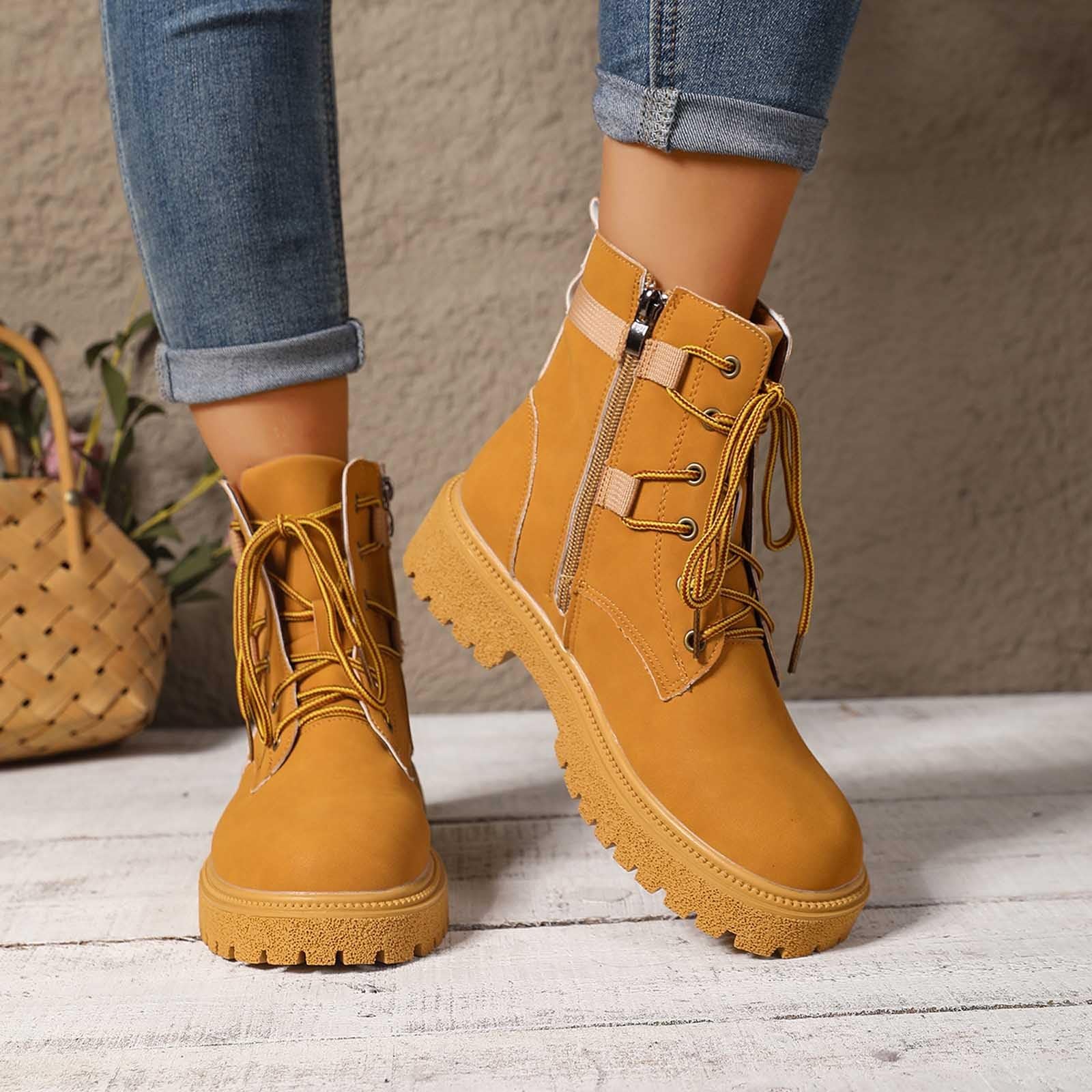 Generisch Bottines pour femme avec fermeture éclair latérale, lacets, chaussures de randonnée tendance avec semelle épaisse, bottes courtes élégantes pour l'aventure