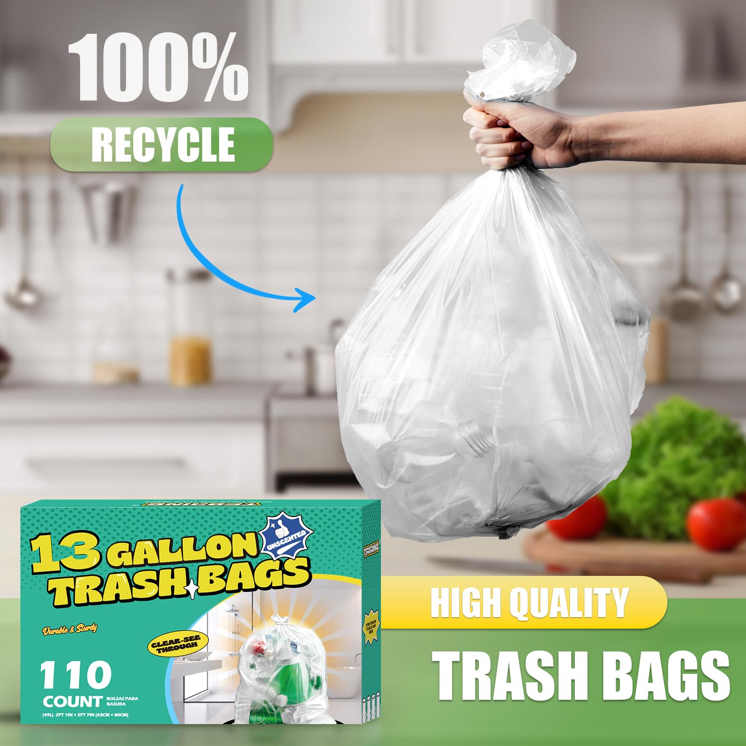 Bolsas de basura de cocina de 13 galones de alto, 110 bolsas de basura de plástico transparente sin perfume, bolsas de basura fuertes de 49.2 litros para contenedores del hogar y la oficina