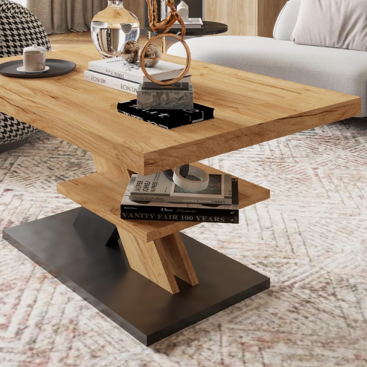 Viosimc Couchtisch, Moderner Wohnzimmertisch, Modern Möbel Wohnzimmer, Kaffeetisch, Sofatisch mit Großer Ablage, Beistelltisch für Tee und Kaffee – Coffee Table for Living Room - Eiche & Schwarz