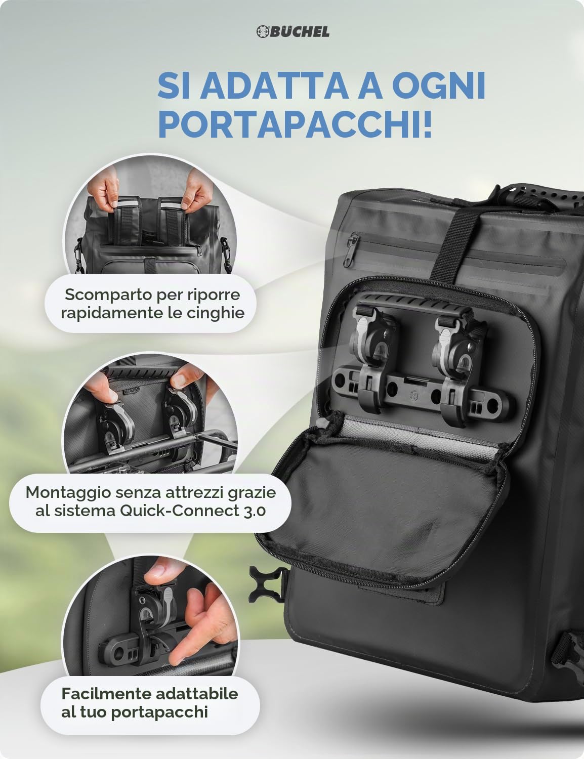 Büchel 3in1 Borsa da bici per portapacchi, utilizzabile come zaino, borsa a tracolla o borsa da portapacchi | Borsa da bici impermeabile e riflettente | capacità di 22 L