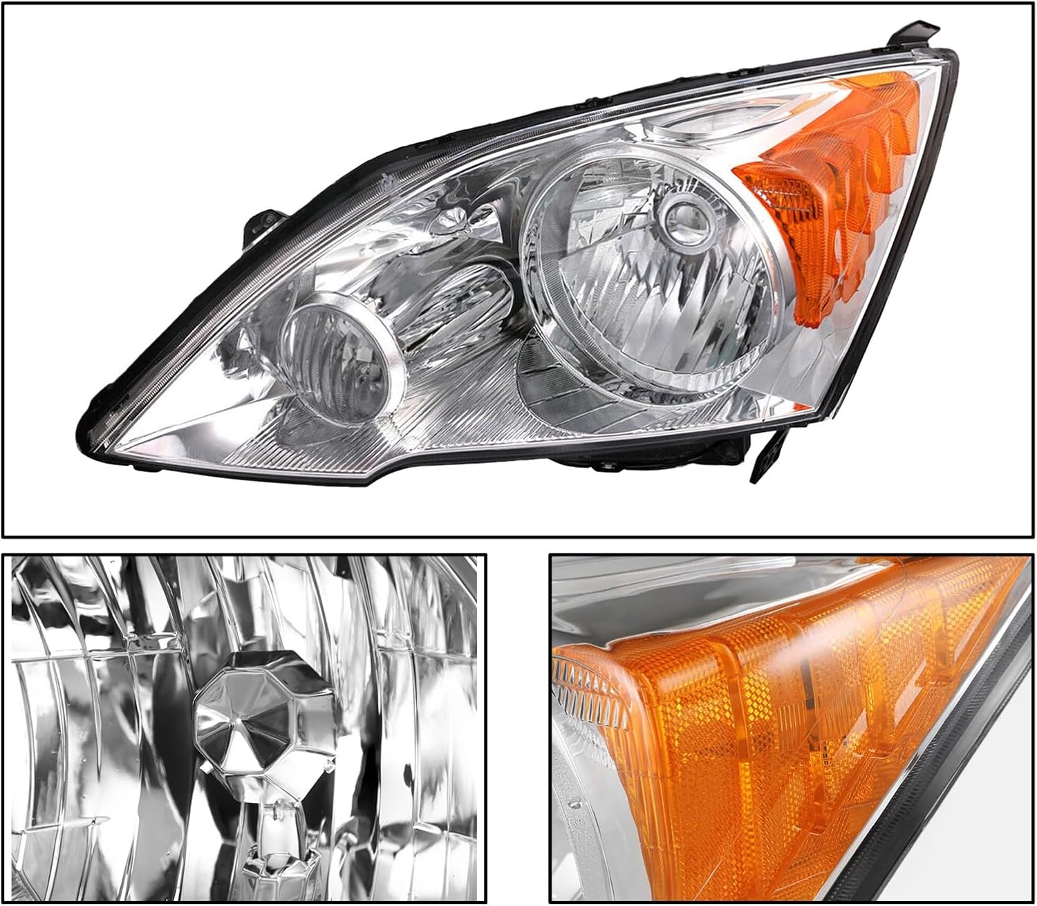 Pair Headlights Headlamps Assembly For 2007 2008 2009 2010 2011 Honda CRV CR-V Chrome Housing Amber Reflector