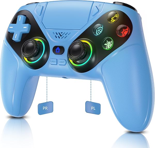 Gamrombo RGB Wireless Controller for PS5/Pro/Slim & PC, Bluetooth Gamepad with Back Buttons, Touchpad, Macro, Turbo, Dual Vibration, 6-Axis Sensor, 3.5mm Audio Jack, Speaker - Blue - 2