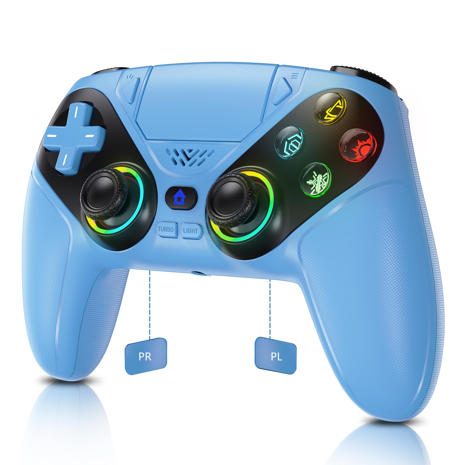 Gamrombo RGB Wireless Controller for PS5/Pro/Slim & PC, Bluetooth Gamepad with Back Buttons, Touchpad, Macro, Turbo, Dual Vibration, 6-Axis Sensor, 3.5mm Audio Jack, Speaker - Blue - 3