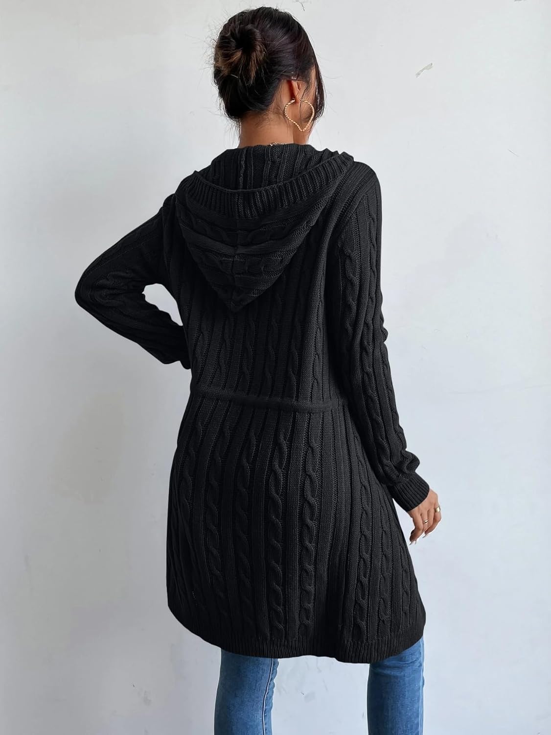 Women's Trench Coat Casual Knit Drawstring Hooded Cardigan Long Sleeve Classic Overcoat