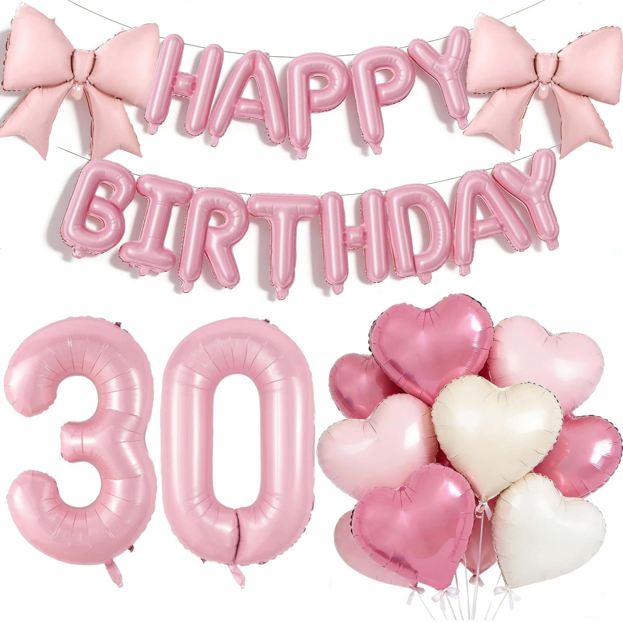 Pink Happy 30th Birthday Decorations, Large 30 Number Foil Balloon 21 Inch Pink Bow 16 Inch Happy Birthday Letter Balloons Banner with 18 Inch Heart Balloons for 30 Year Old Girls Party — image 1