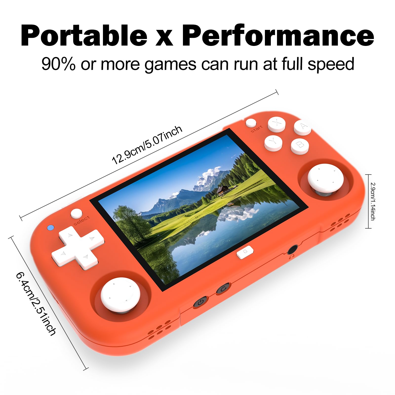 XU Mini M - Consolas de juegos de mano retro, pantalla IPS de 2.8 pulgadas, tarjeta TF de 64 G integrada, con batería de 2600 mAh, duración de 6 horas, color naranja