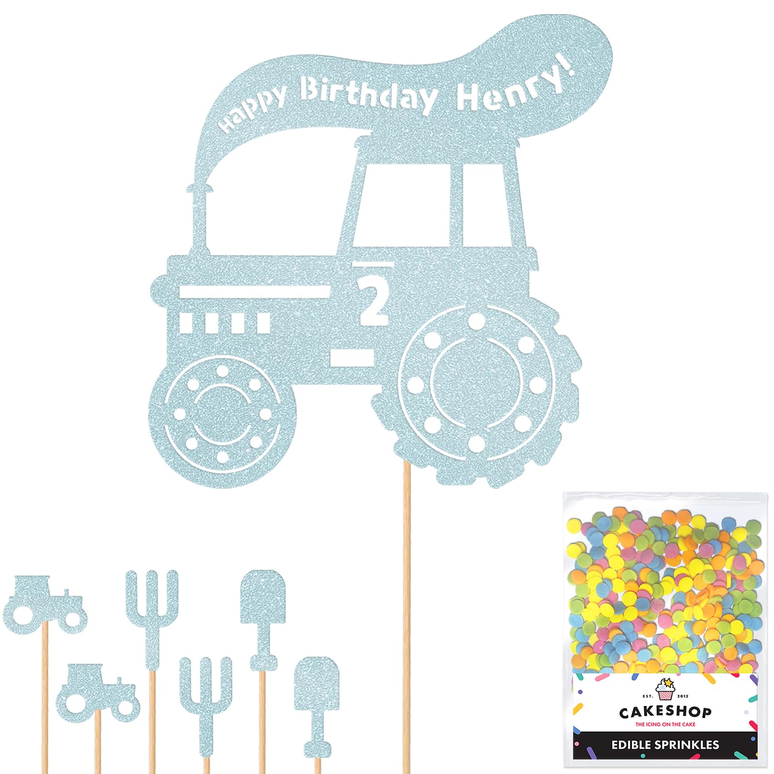 Personalised Farm Tractor Glitter Cake Topper- Light Blue Any Custom Age & Name Glitter Cake Decoration and Sprinkles - Happy Birthday Decorations - Personalised Toppers for Cakes by Cakeshop — image 1
