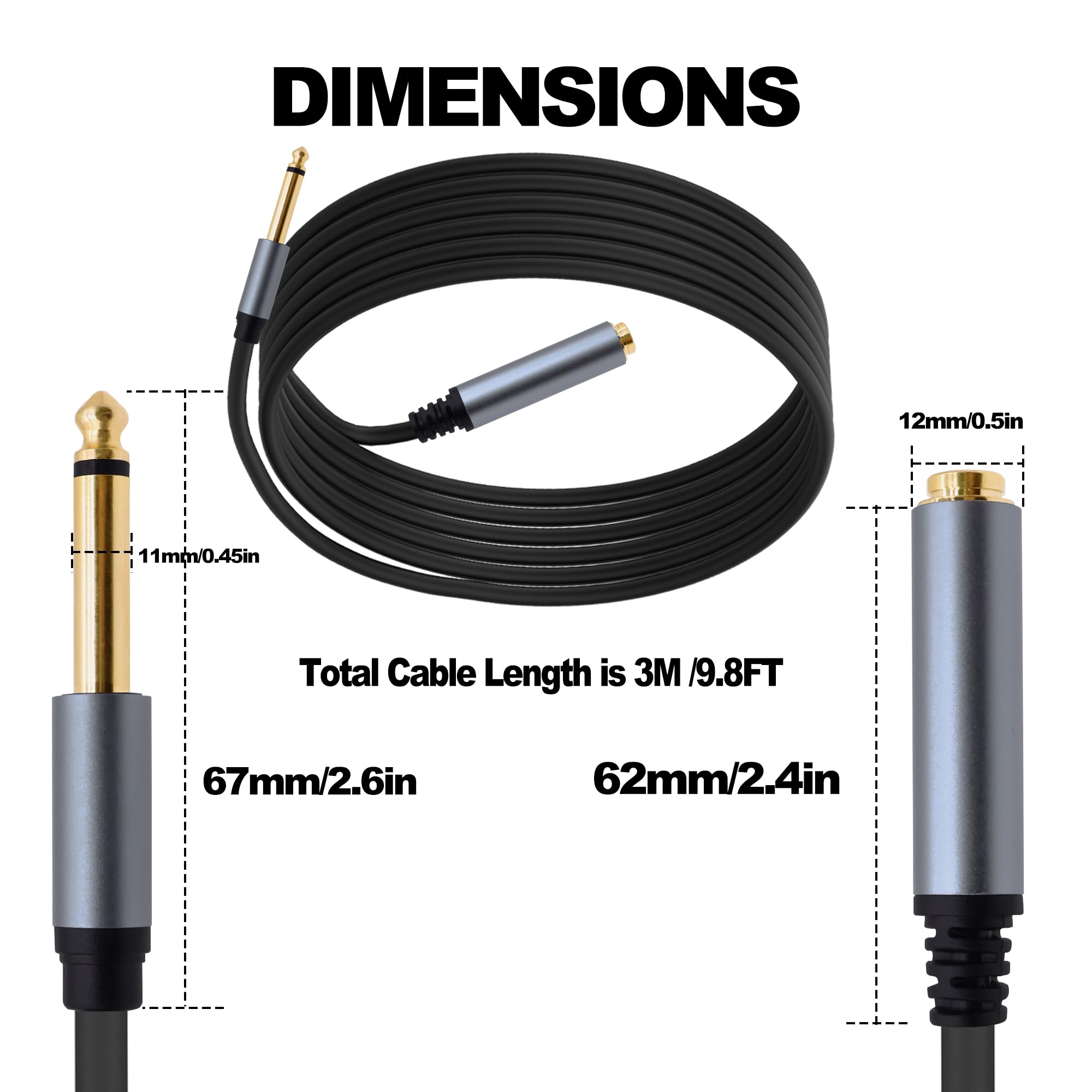 YARCHONN 1/4 Inch TS Extension Cable,3M 6.35mm Mono Male to Female Quarter Inch Connectors Audio Extension Cable Cord for Amplifiers,Headphone Guitar Instruments -9.8FT - Image 2