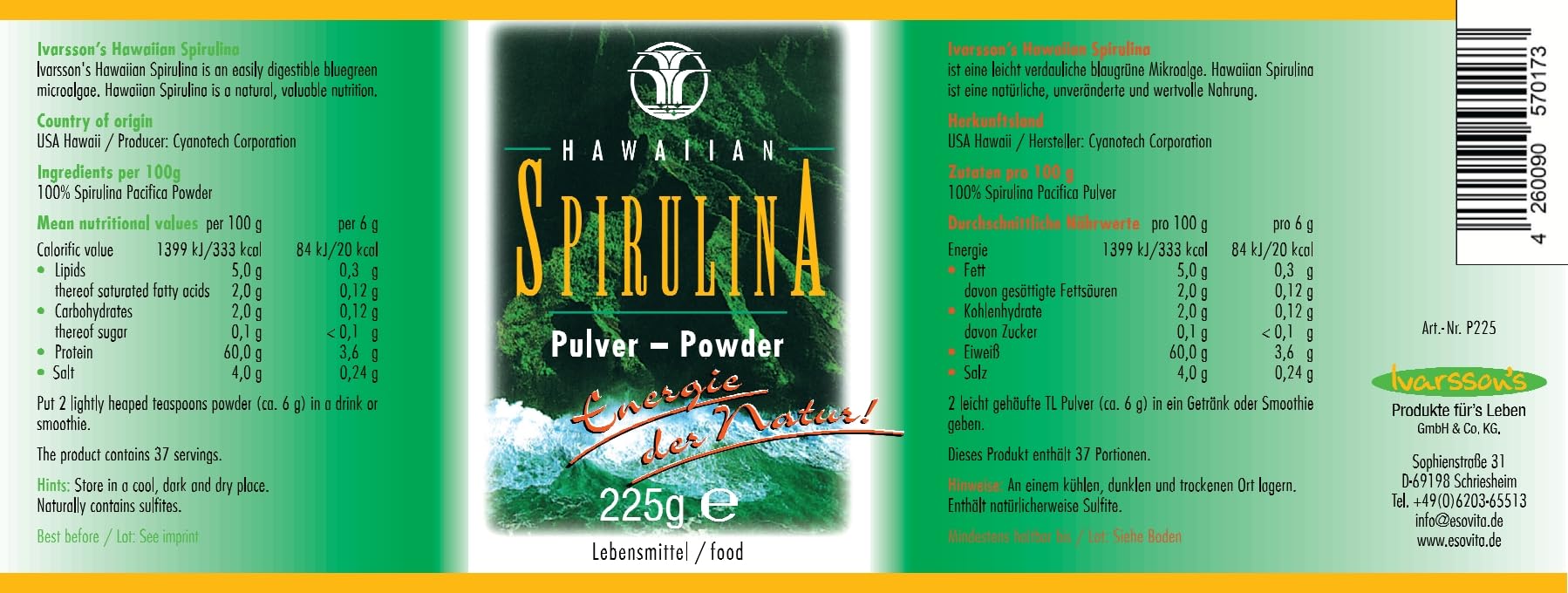 Pulver 225 g Spirulina Ivarssons Original