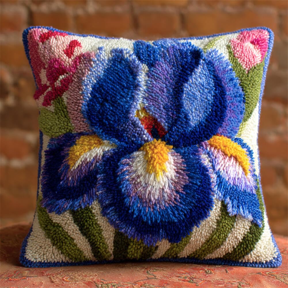 Kitquiver Flowers DIY Craft Latch Hook Rug Kits Purple Iris Cushion Pillow Front Chunky Cross Stitch Kits DIY Embroidery Needlepoint Kit for Home Décor 17x17In