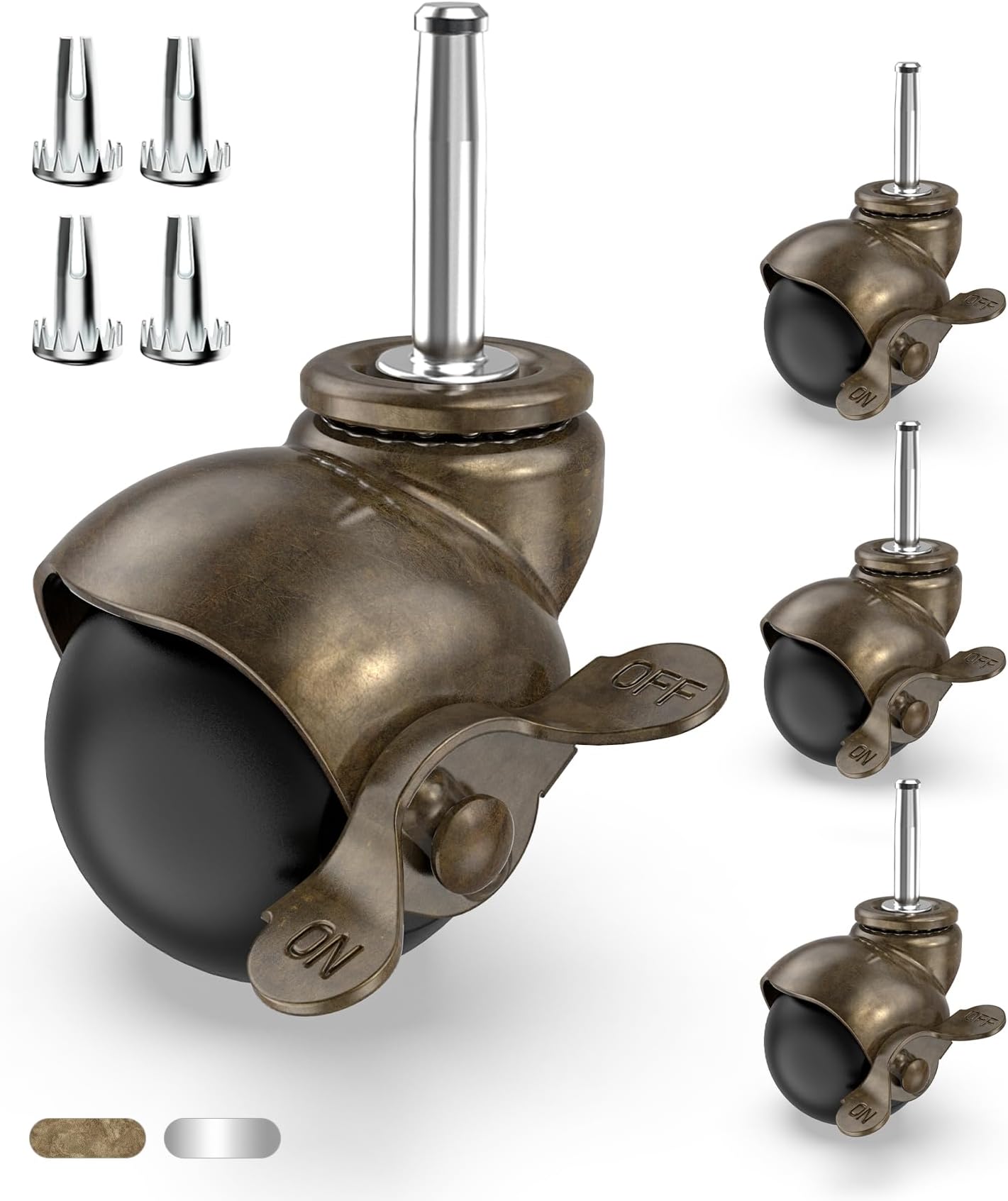HOLKIE Casters for Furniture Legs Ball Caster Wheels Set of 4, 2 inch Locking Stem Swivel Castors for Chair, 5/16" x 1-1/2" Grip Neck Spherical Brass Vintage Antique Wheel