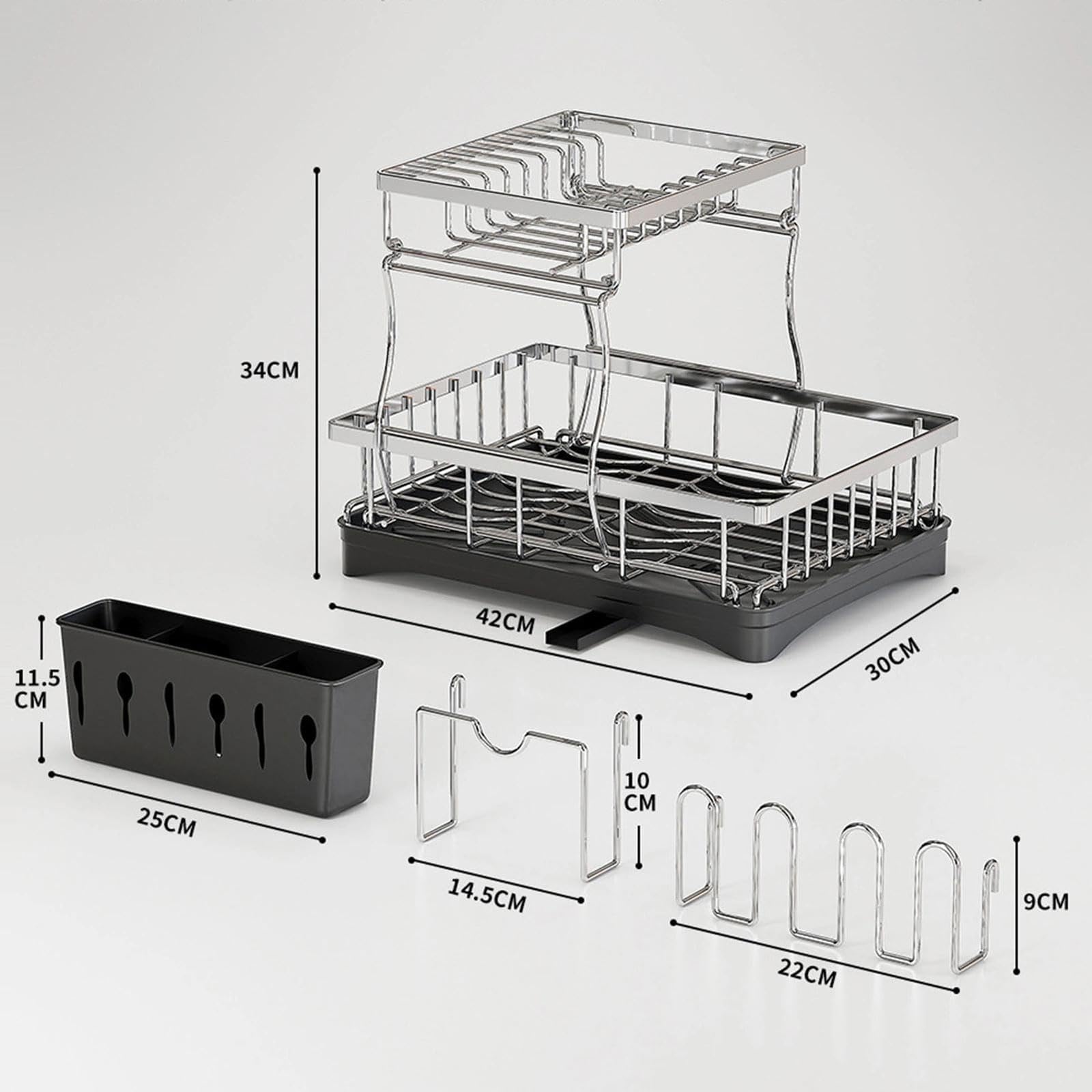 2-stufiges Abtropfgestell Platzsparender Edelstahl-Abtropfgestell mit Getränkehalter,Schneidebretthalter und Besteckhalter 360°Drehbarem Auslauf Spülbecken Organizer für Küchenarbeitsplatte