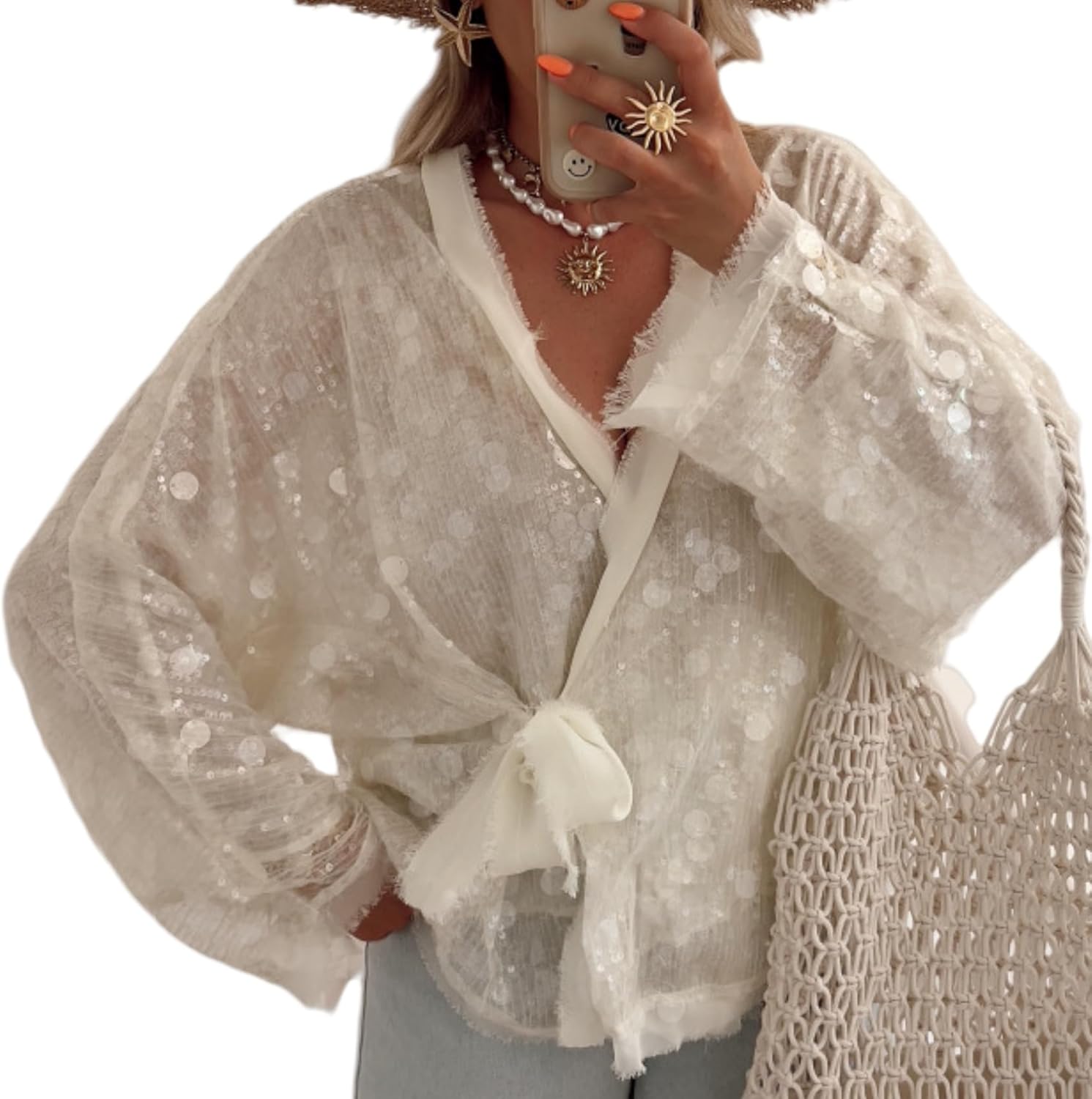 Perbai Womens Tie Front Wrap Sequin Cardigan V Neck Oversized Long Sleeve Y2k Glitter Jacket for Concert Party