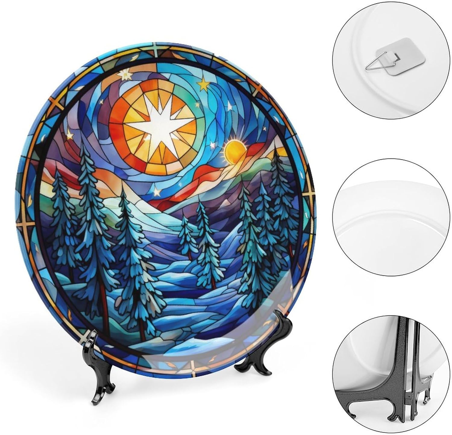 Xmas Decorative Plates, Winter Sunrise Christmas Tree in The Snow Display Plate for Home Office Kitchen Table Decor, Stained Glass Design Porcelain Plates Xmas Ornament 7 Inch
