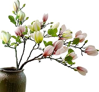 cosybeau Artificial Magnolia Flower Branches Stem (Not Included Vase), Fake Floral Arrangement, Christmas Home Decor Accent Pieces (5, 3pink+2green)