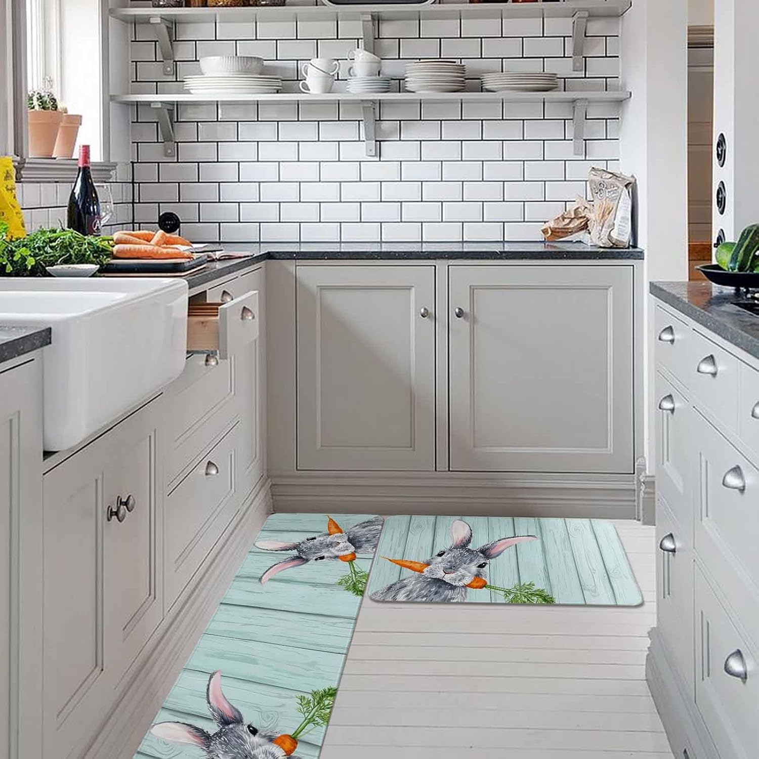 Easter Kitchen Rugs and Mats Set of 2, Non-Slip Kitchen Sink Mat, Spring Rabbit Botanical Carrots Green Wooden Grain Washable Doormat Bathroom Rugs Runner for Bedroom 23.6"x35.4"+23.6"x70.9"
