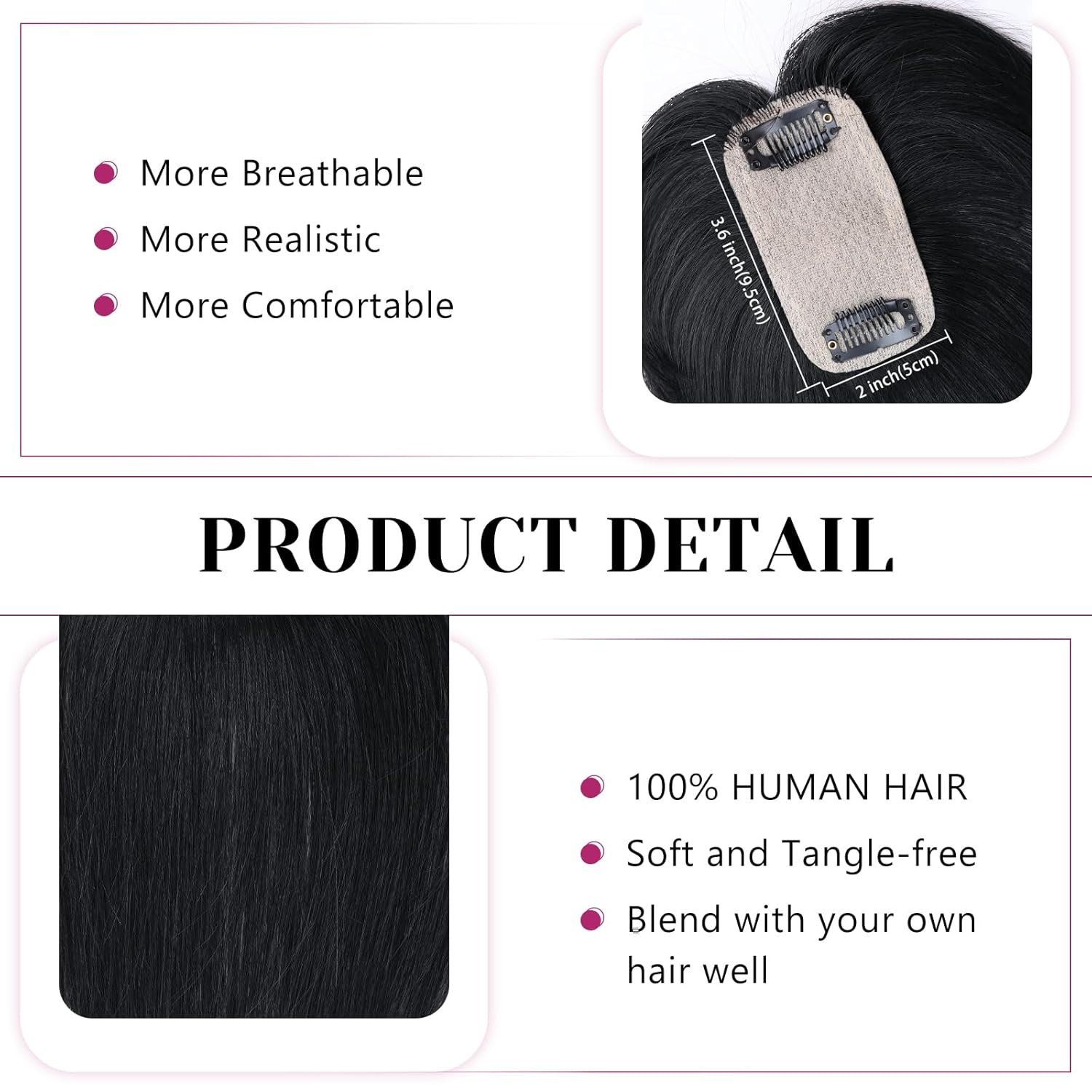 VERNA Bangs Hair Clip 360°3D Cover Hair Toppers for Women,100% Real Human Hair Natural Black Clip in Bangs,Hairpieces for Daily Wear(5 * 9.5)