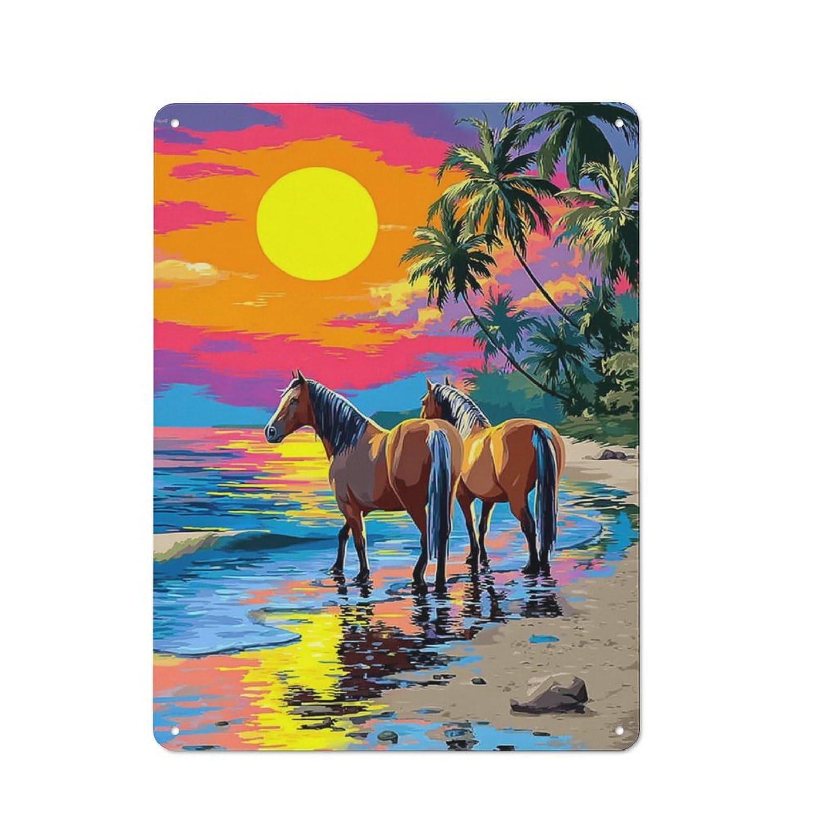 Junmoney Beach Sunset Horses Art Print -3 Farmhouse Metal Sign With Design 40X30cm, Rustic Rustic Kitchen Decor For Dining Room, Cafe, Entryway Or Family Room