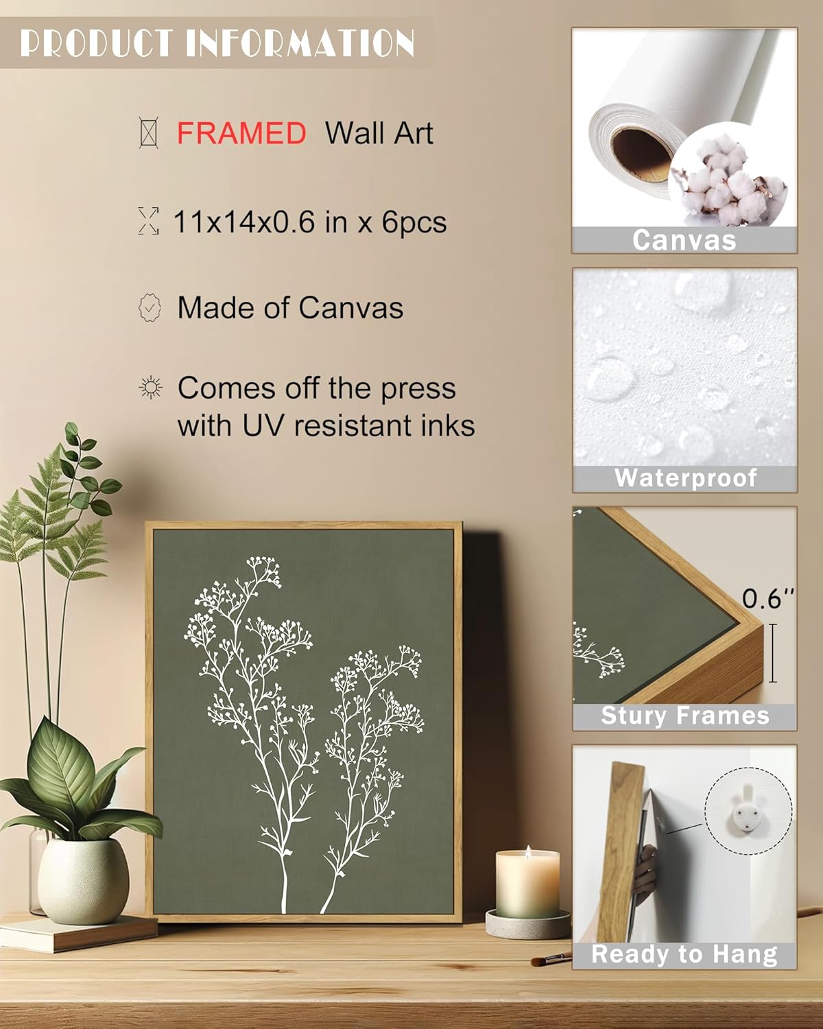 Drsoum Botanical Wall Art Framed Boho Wall Art Decor Wooded Vintage Print Modern Farmhouse Home Kitchen Decor 11x14inx6pcs Neutral Framed