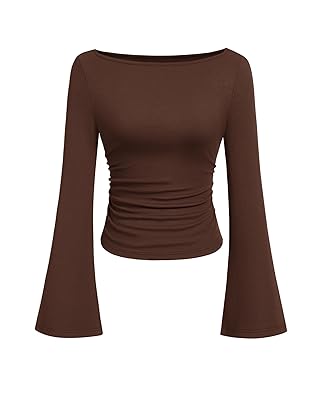 PRETTYGARDEN Women's Long Sleeve Shirts 2025 Fall Crop Going Out Tops Casual Boat Neck Bell Sleeve Ribbed Ruched Y2K Clothes