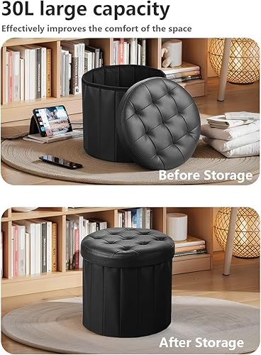 Miniatura 4 de Otomana plegable redonda de almacenamiento de 14 pulgadas, taburete de pie con asiento acolchado de espuma más gruesa, banco otomano de
