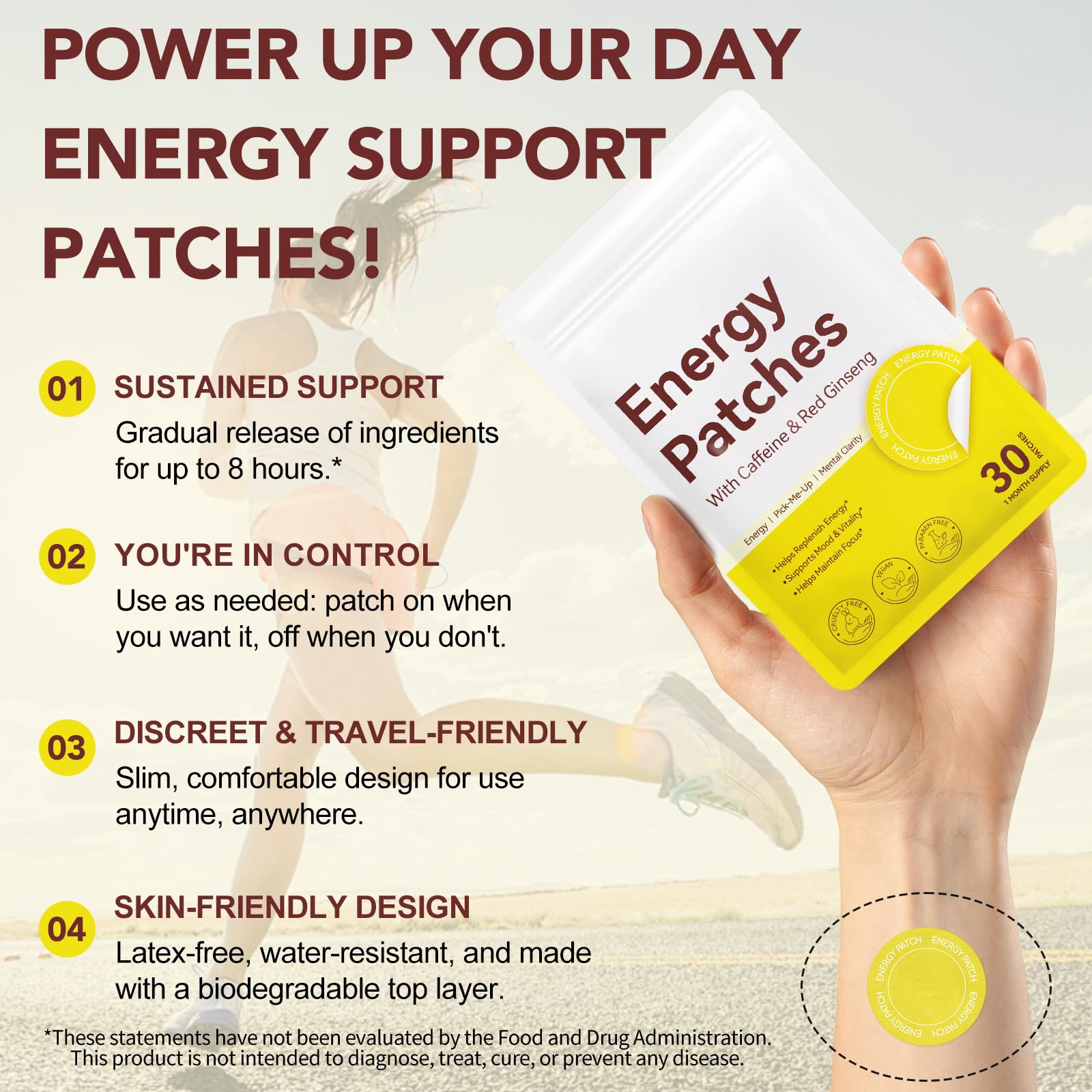 Energy Patches for Adults Men Women - Topical Daily Wellness Awake Energy Patch - Enhanced Focus & Body Support with Caffeine, Biotin, B5, B3 and B12 — Amazon image 3