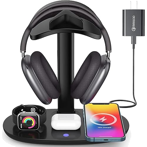 Airpod Max Charger Stand with 15w Wireless Charger, Suguder 4 in 1 Headset Holder for Apple Accessories Charging with AirPods Max/Pro/iWatch/iPhone/Vision Pro, Headphones Stand for Desk Organizer