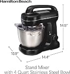 Hamilton Beach 7-Speed Stand Mixer for Baking, 300W, 4 Quart Stainless Steel Bowl, Dough Hook, Whisk, Flat Beater, Splash Guard, Black (63391)