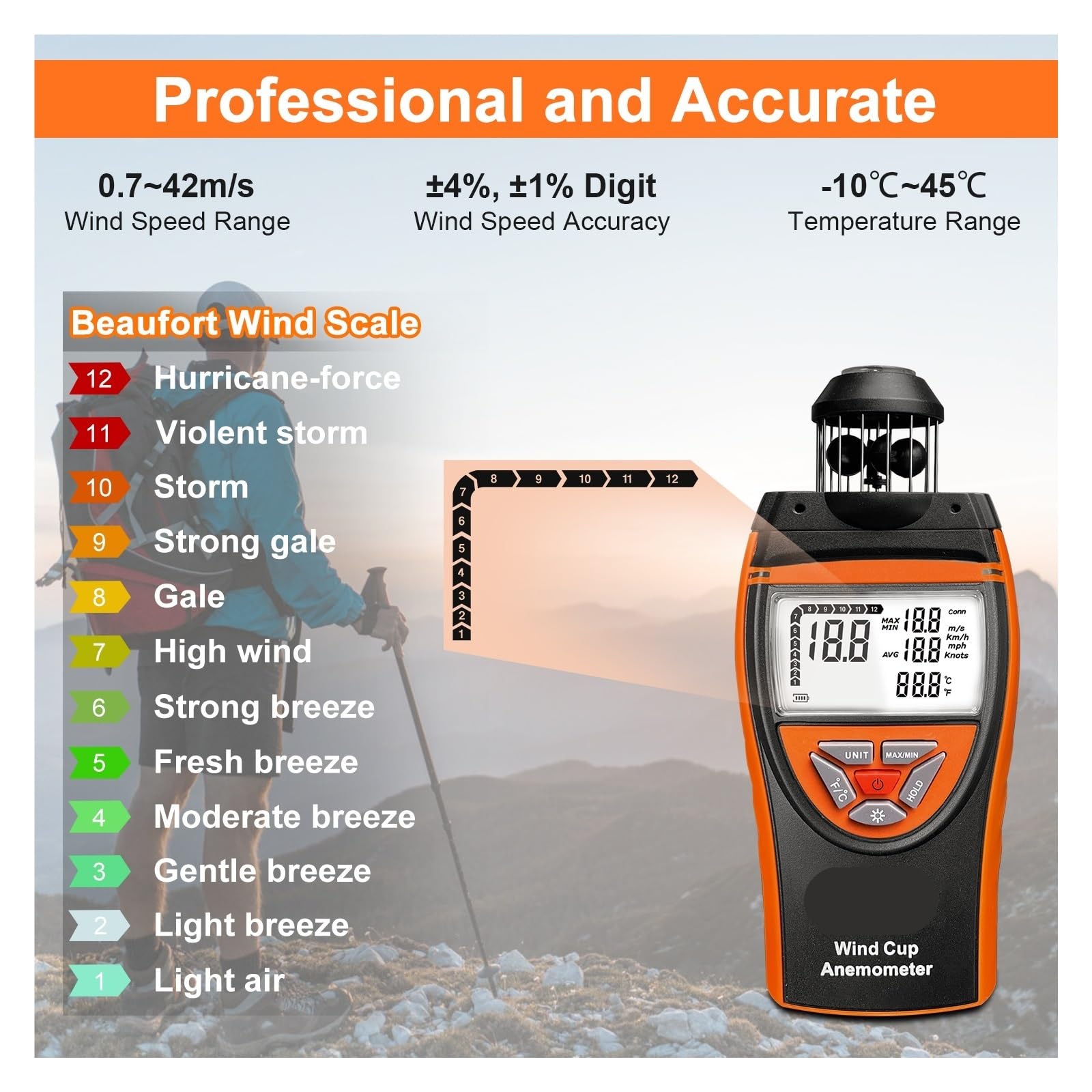 Anemómetro, Anemómetro de velocidad del viento de 0,8 a 150 km/h, medidor de temperatura y promedio del viento de alta precisión con brújula y registro de datos.