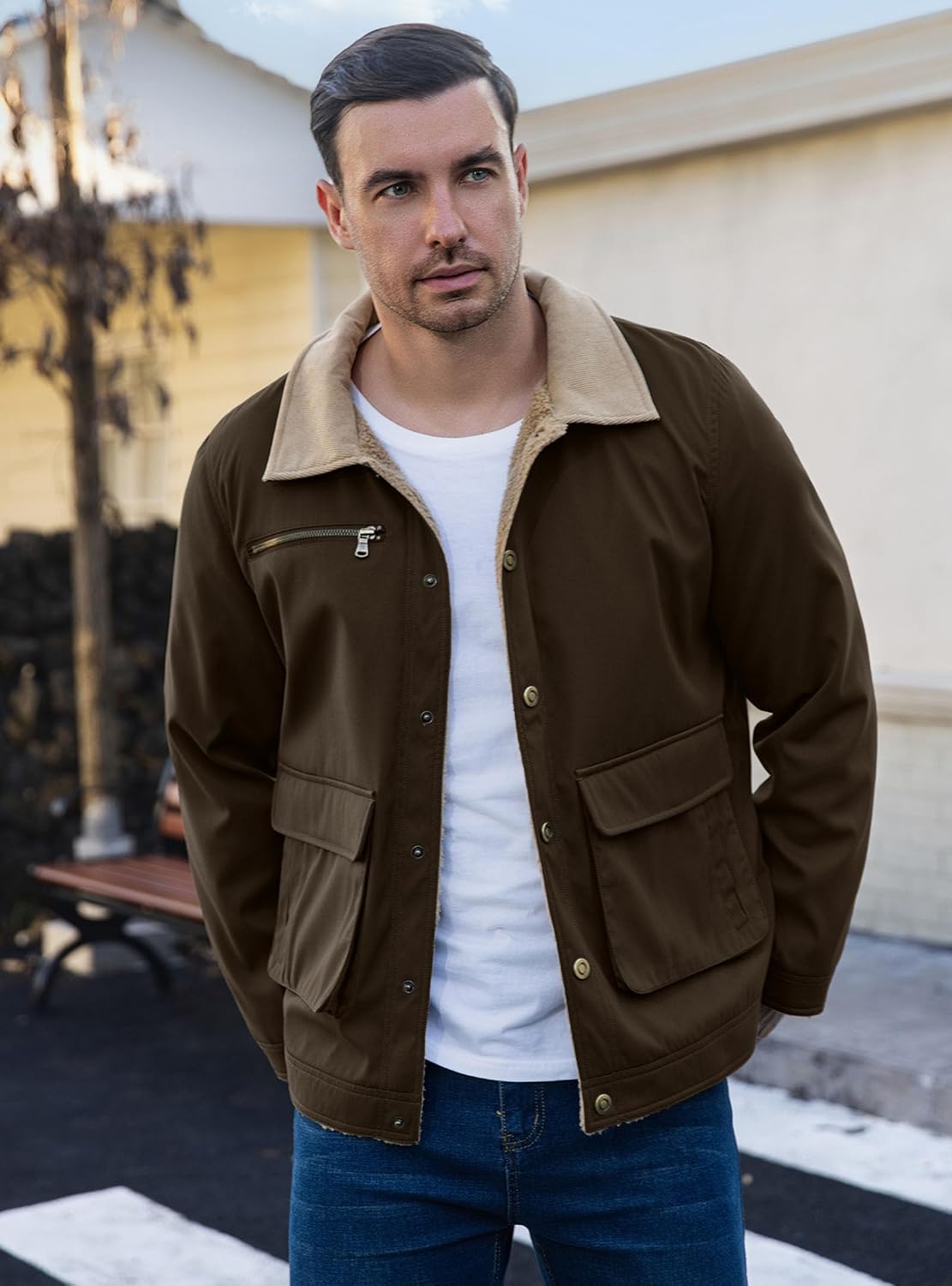 HYPESTFIT Mens Winter Jackets Sherpa Fleece Lined Warm Cargo Trucker Coat Multi Pocket