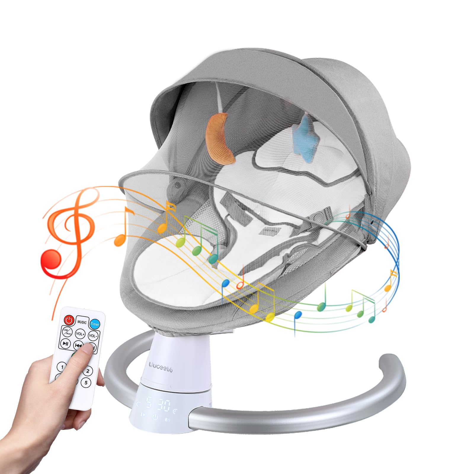 Baby Swing for Infants, Portable Electric Baby Swing Bluetooth Support with 5 Swing Speed 10 Lullabies, Remote Control/Touch Panel - Infant Swing for Indoor and Outdoor Use, Gray