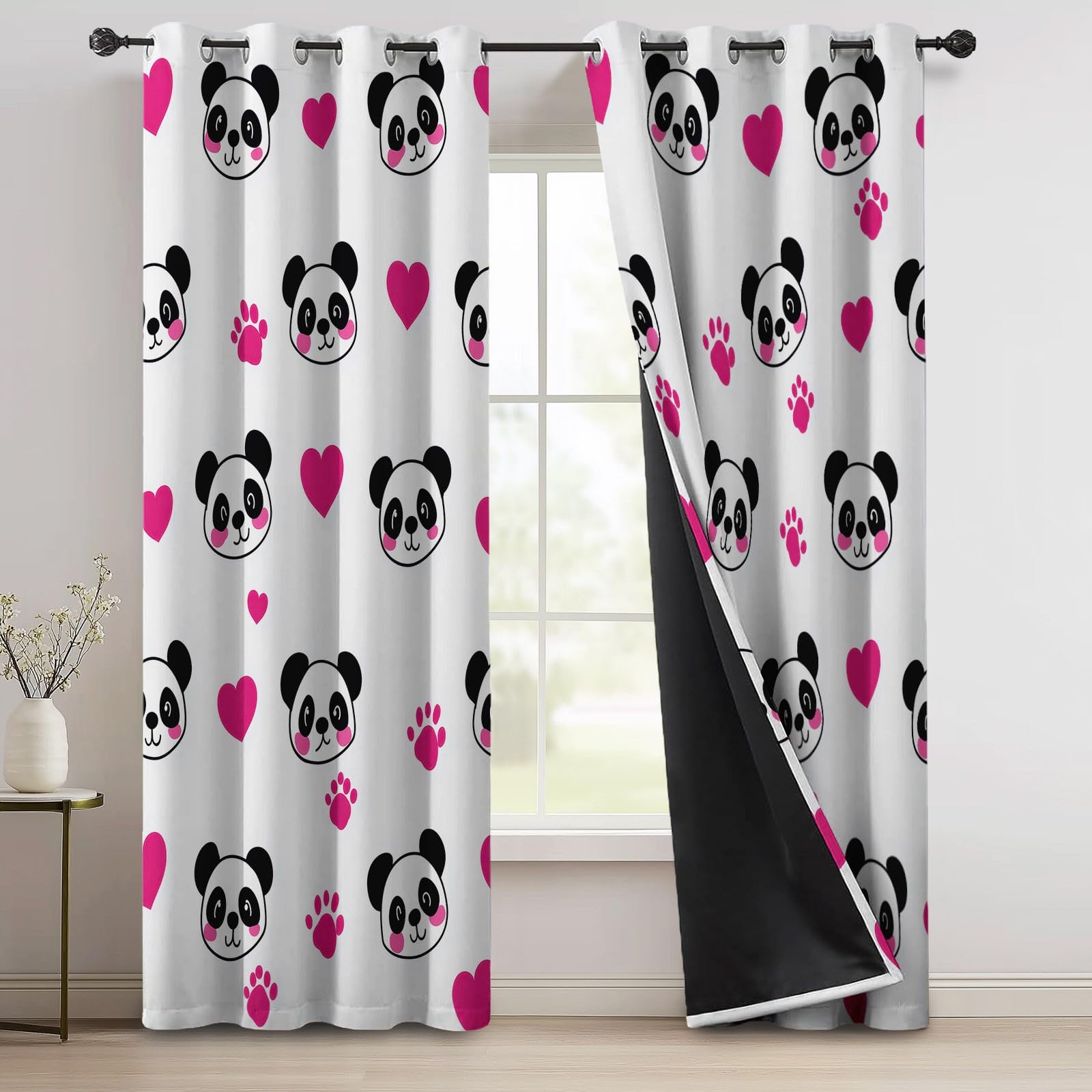 Generisch Cartoon Tier Verdunkelungsvorhänge mit Ösen, Panda Herz Pfotenabdruck Bedruckte Weiß Waschbarer Vorhänge, Privatsphäre Schützende Vorhang für Schlafzimmer Wohnzimmer, H215 x B110 cm