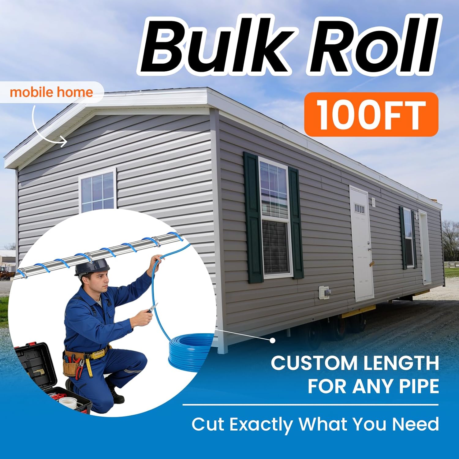 100FT Cut-to-Length Heat Tape for Water Pipes – Professional Bulk Roll, Self-Regulating (-40°F), with Wire Splitter & End Cap, For Mobile Homes, Electricians and Installers