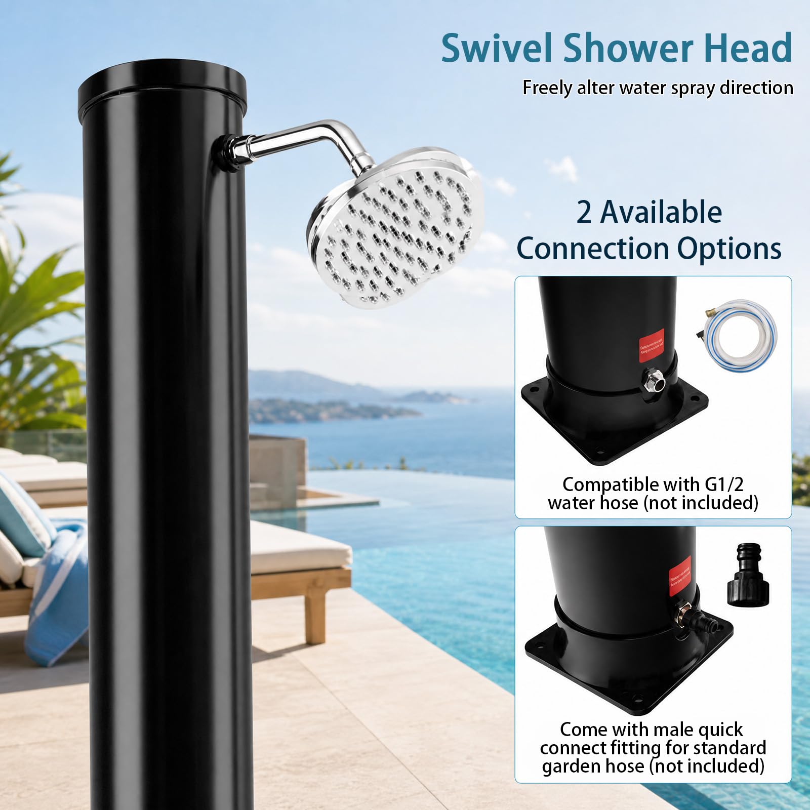 Goplus Douche d'extérieur chauffante à énergie solaire de 36 litres, douche autoportante de 2,3 m avec pommeau de douche rotatif, réglage de la température et douchette de pied, pour jardin, plage,