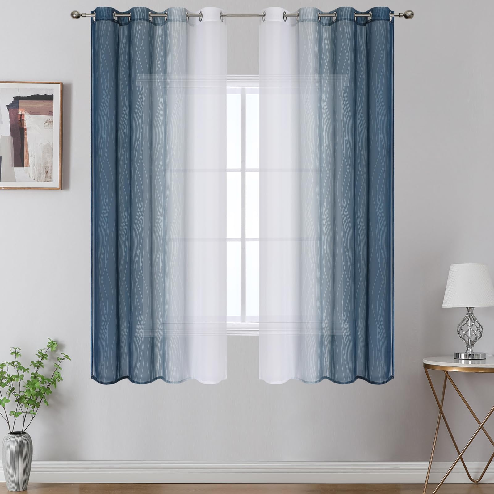 VEHEDE Gradient Sheer Curtains Window Bedroom Curtains 63 inches Drop, Light Filtering & Eyelet Ombre Drapes Panels for Living Room, Navy Blue and Greyish White, W52 x L63 Inch 2 Panels