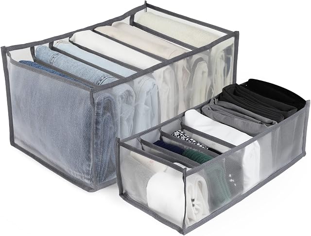 Simpeak 2 Set Drawer Organiser Divider, Clothes Pants Underwear Drawer Organiser, Foldable Wardrobe Storage Organiser, 7 Compartments Mesh Storage Drawer for Bra, Baby Clothes, Ties, Socks, Jeans